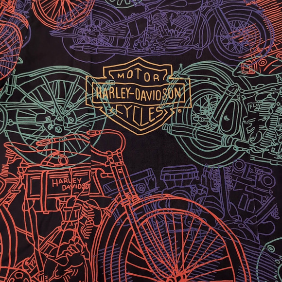 HARLEY DAVIDSON X TORI RICHARD Silk Shirt Womens L Black Print Button Shirt Top - Picture 7 of 11